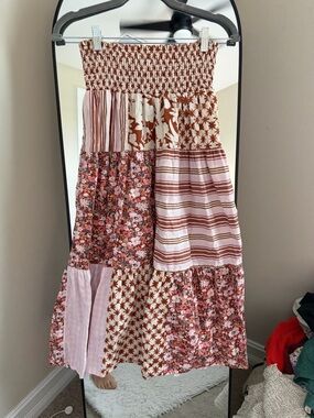 Universal Thread Pink & Brown Patchwork Smocked Tiered Maxi Dress